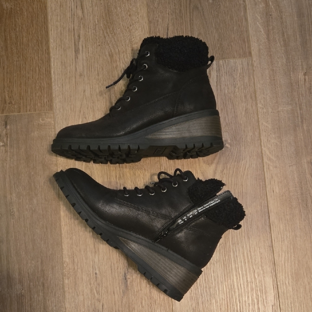 Fergie Black Lace Up Boots with Rugged Design